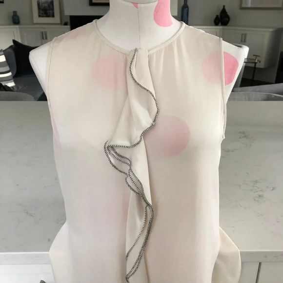 Classiques Entier Sleeveless Round Neck Silk Top w Frill Detail Cream + Blk Sz S - Picture 2 of 11